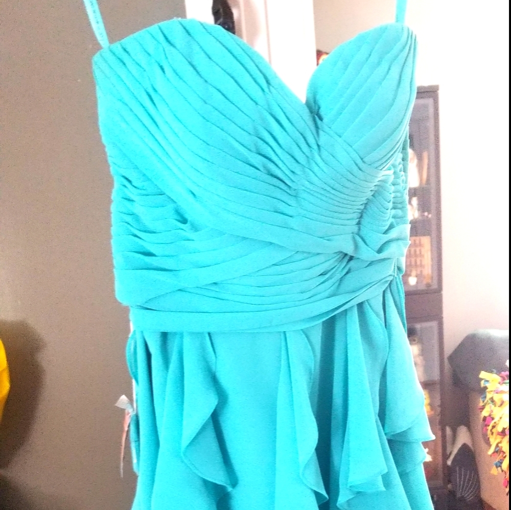 Mori Lee turquoise chiffon ruffle dress